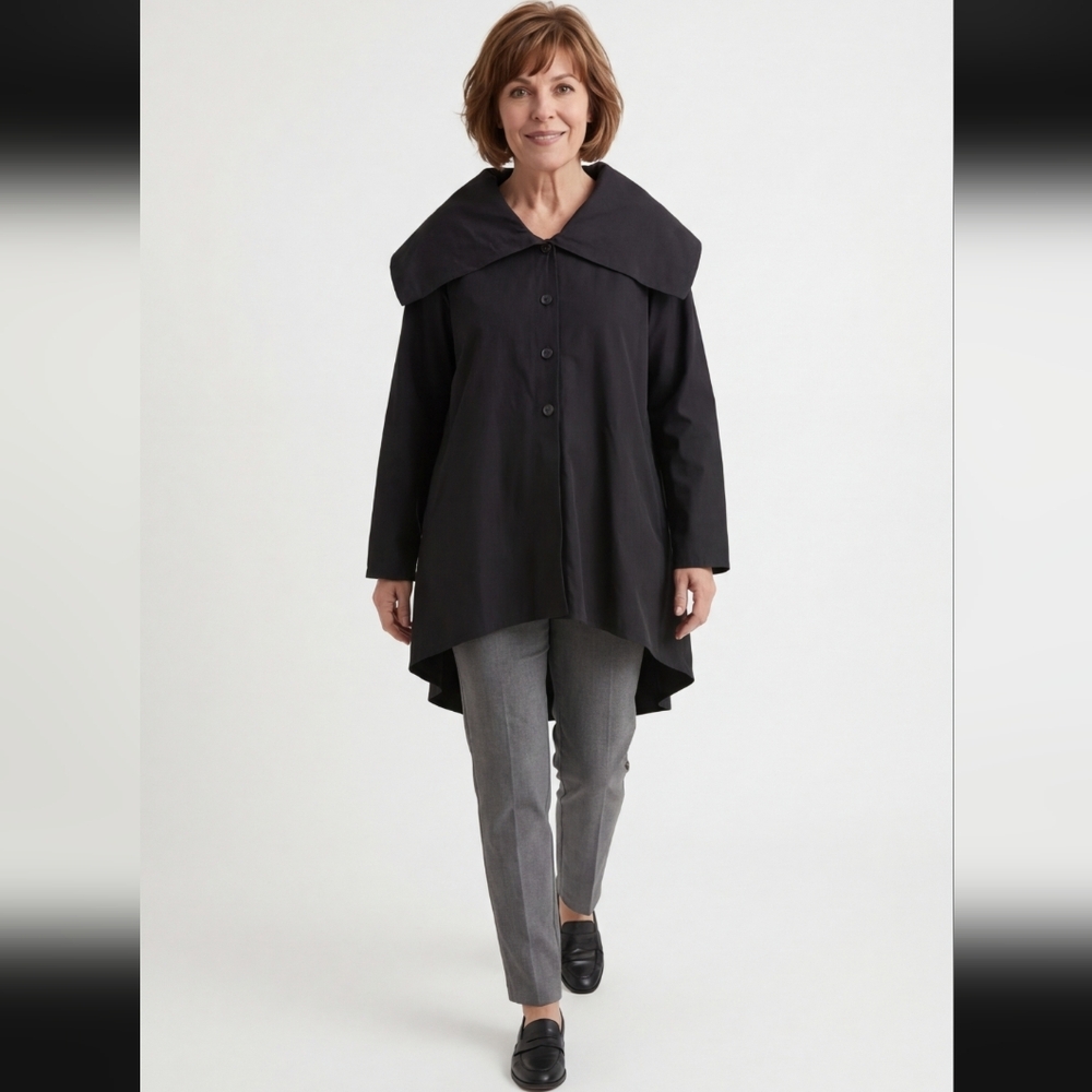 Bryn Walker Black Oversized Collar Button Front Raincoat Lagenlook Jacket XL
